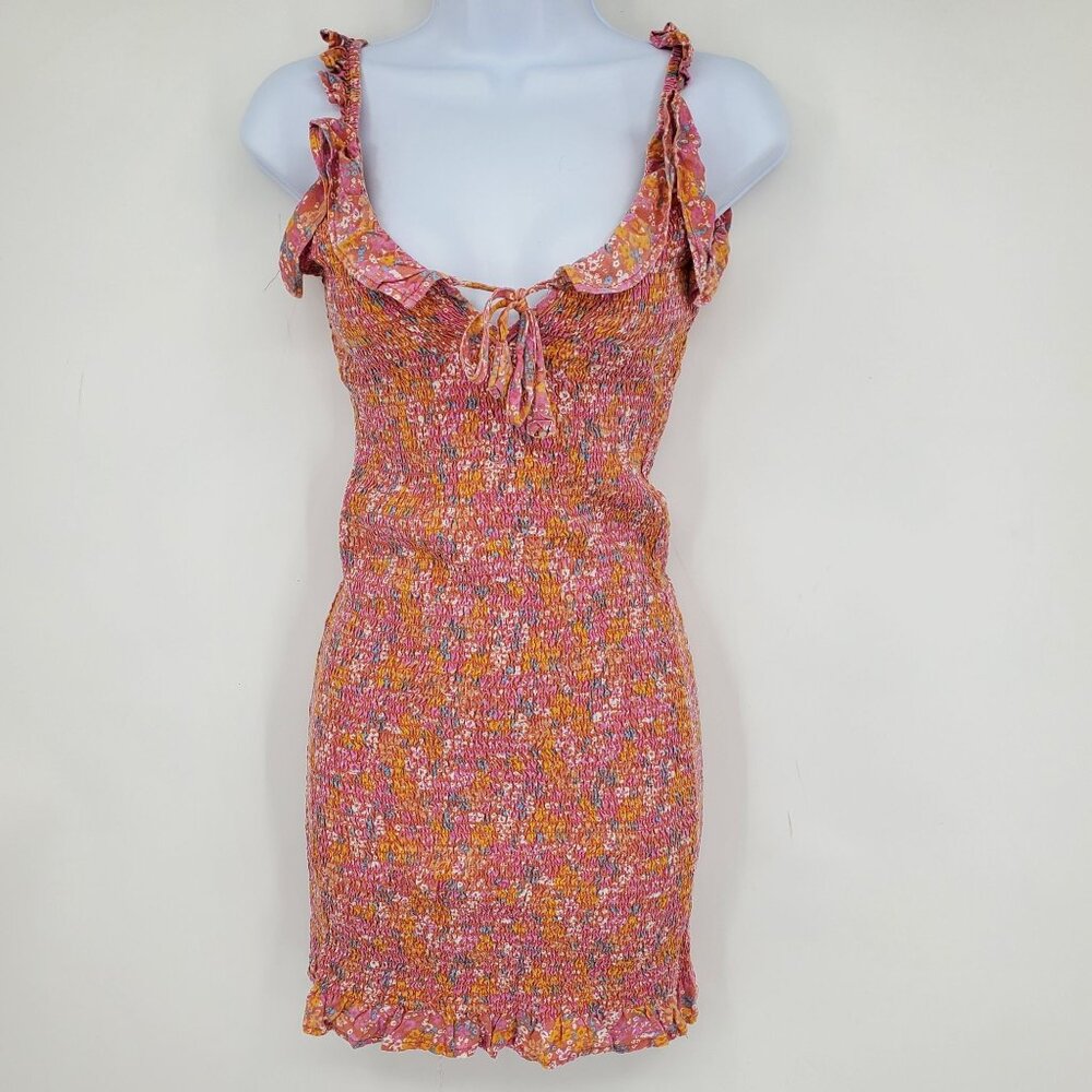Japana Pink Floral Print Smocked Body Ruffle Trim Boho Floral Y2K Look Dress Med
